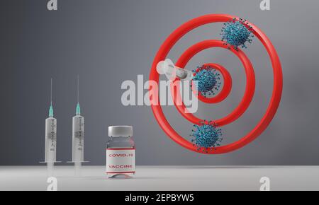 3D Darstellung eines Targets mit einer Spritze, die auf ein Target in Form eines Coronavirus auf schwarzem Hintergrund wirft. Abbildung eines digitalen Bildes. Stockfoto