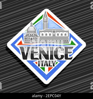 Vektor-Logo für Venedig, weißes Rhombus-Straßenschild mit Umriss Illustration der berühmten stadt venedig Landschaft am Tag Himmel Hintergrund, dekorativer Kühlschrank Magnet Stock Vektor