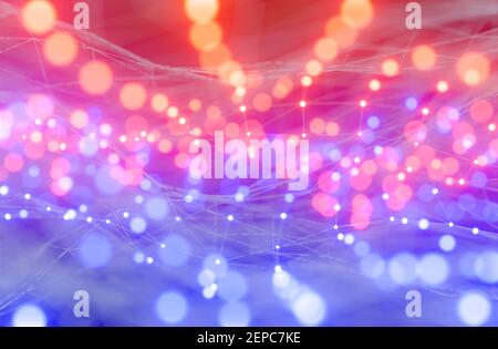 Abstrakter, farbenfroher Netzhintergrund mit hellen Punkten und Hintergrundunschärfe. 3d-Rendering Stockfoto