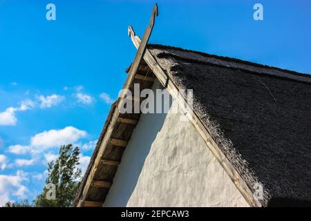 Das Dach des Hauses gegen den blauen Himmel hinein Sommer im Dorf und ein grüner Baum Stockfoto