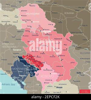 Sanjak Region in Serbien und Montenegro, detaillierte editierbare Karte mit Regionen Städte und Städte, Straßen und Eisenbahnen, geografische Standorte. Serbien Kosovo und M Stock Vektor