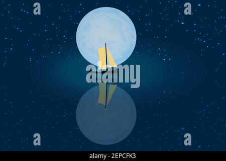 Gelbes Segelboot und Sternenhimmel mit Vollmond reflektiert in Ruhe Meer.Nacht Natur seascape.Boot im Meer im Mondlicht und Sterne.Vektorgrafik Stock Vektor