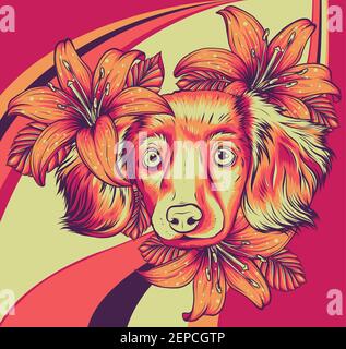 Porträt eines Spaniel Hundes in einem Blumenkränz. Vektorgrafik. Stock Vektor