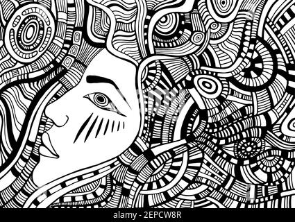 Malvorlagen mit psychedelischen Fantasy Gesicht Mädchen mit Welle ornamental Haare Cyberpunk Stil Stock Vektor