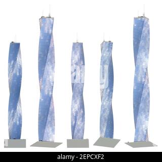 5 Bottom view Renderings of fiktional Design hohe Gebäude mit Helix-Design mit blau bewölkten Himmel Reflexionen - isoliert, 3D Illustration von Wolkenkratzern Stockfoto