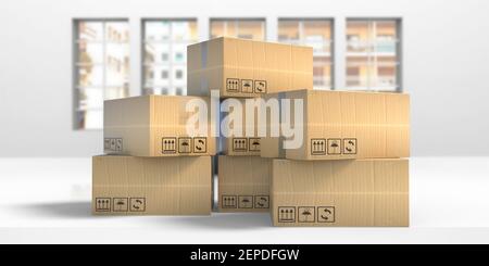 Umzugskartons auf Bürohintergrund. Kartonverpackungen geschlossen und versiegelt, Versand Verpackung, Logistik Kurierdienst. 3D Abbildung Stockfoto