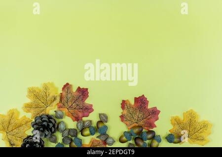 Tannenzapfen, Herbstblätter und Samen auf gelbem Hintergrund. Herbst Thanksgiving Hintergrund mit Copy Space Stockfoto