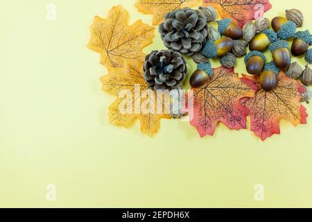 Tannenzapfen, Herbstblätter und Samen auf gelbem Hintergrund. Herbst Thanksgiving Hintergrund mit Copy Space Stockfoto