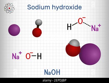 Natriumhydroxid, Natronlauge, Laugenmolekül. NaOH ist stark ätzende Basis und Alkali, ionische Verbindung. Strukturelle chemische Formel und Molekülmodell. Stock Vektor