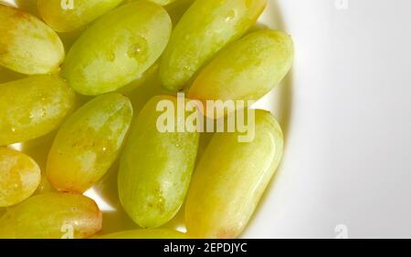 Makro Detail Aufnahme von leckeren grünen Trauben auf einem weißen Porzellanteller. Platz für Text auf der rechten Seite. Stockfoto