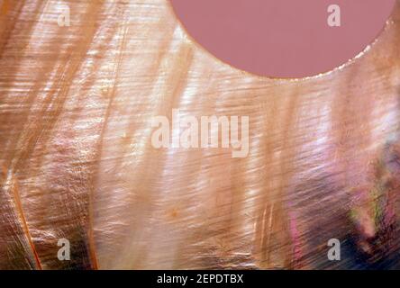 Abstrakte Makroaufnahme aus gemaltem Reispapier, geschichtet auf einer schalenförmigen Oberfläche aus Holz, in Perlfarben. Einen halben Kreis oben rechts in Malve. Stockfoto