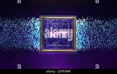 NFT nicht fungible tokenscrypto Kunst auf bunten abstrakten Hintergrund. Zahlen Sie für einzigartige Sammlerstücke in Spielen oder Kunst. 3D Rendering von NFT crypto Art collectibl Stockfoto