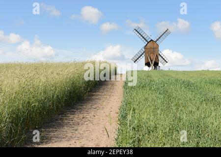 Tejn Windmühle bei Gudhjem auf der Insel Bornholm, Dänemark. Stockfoto