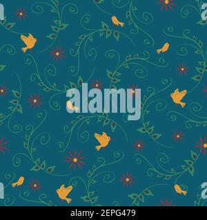 Nahtloses Vektor-Muster mit gelben Vögeln und Blumen auf türkisfarbenem Hintergrund. Romantische Vintage-Tapete-Design. Stock Vektor