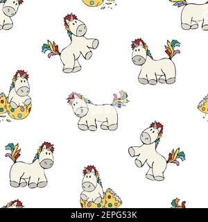 Nahtloses Vektormuster mit Einhörnern auf weißem Hintergrund. Cartoon Tier Tapete Design für Kinder. Fantasy Pferd mit Regenbogenschwanz. Stock Vektor