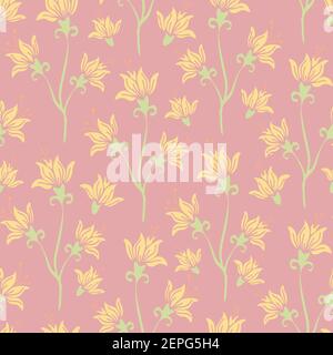 Nahtloses Vektor-Muster mit gelben Lilie auf hellrosa Hintergrund. Romantisches, zartes florales Tapetendesign mit Blumen. Pastellfarbene Mode sty Stock Vektor