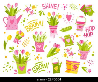 Eine Reihe von einfachen hellen Frühling und Garten Illustrationen und Schriftzug Wörter. Stock Vektor