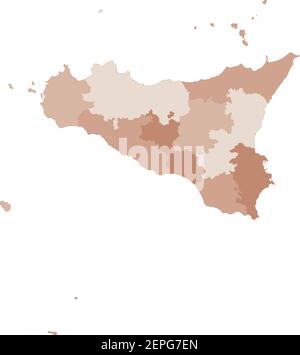 Karte Sizilien, Aufteilung nach Provinzen und Gemeinden. Geschlossene und perfekt bearbeitbare Polygone, Polygonfüllungen und Farbpfade können nach dem Willen bearbeitet werden. Ebenen. P Stock Vektor