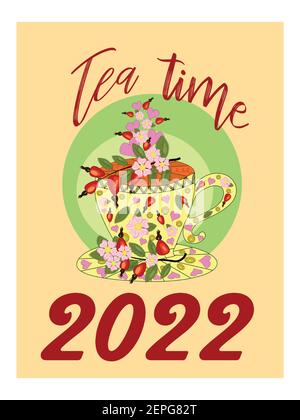 Getränke-Kalender 2022 mit saisonalen Dessert von verschiedenen Tee, Kaffee, Kakao. Obst, Beeren, Kuchen, Tee. Tees mit verschreibungspflichtigen Zutaten. Vertikal ca. Stock Vektor