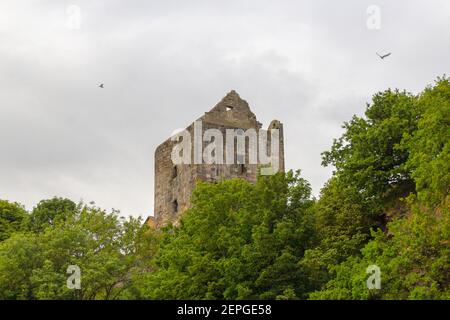 Ruine von Ravenscraig Castle in Kirkcaldy, Schottland, West Tower umgeben von grünen Bäumen, Foto von einem Strand aufgenommen Stockfoto