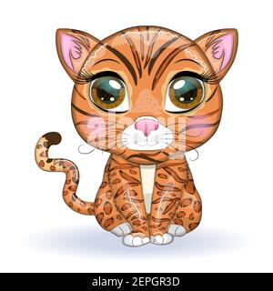 Bengal Katze mit schönen Augen im Cartoon-Stil, Hybrid, bunte Illustration für Kinder. Bengalkatze mit charakteristischen Flecken und Farben Stock Vektor