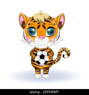 Niedliche Cartoon Tiger mit schönen orangefarbenen Augen mit einem Fußball. Illustrationen zum chinesischen Neujahr 2022, Jahr des Tigers. Mondneujahr 2022. Stock Vektor