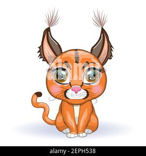 Caracal Steppe Luchs mit schönen Augen im Cartoon-Stil, bunte Illustration für Kinder. Karakalkatze mit charakteristischen Ohren, Flecken und Farbe Stock Vektor