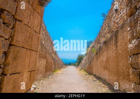 Aus der 'Schatzkammer von Atreus' oder 'Grab von Agamemnon' der Zitadelle von Mycenae. Archäologische Stätte von Mykene auf Peloponnes, Griechenland Stockfoto