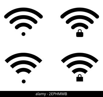 Vier Wifi-Symbole in zwei Formen - rund und gerade, verriegelt und entsperrt Varianten. Flaches Design für Smartphones und Grafik. Stock Vektor