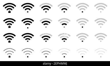 Set von flachen WiFi-Zeichen Symbole in verschiedenen Formen und Verbindungsebene, gesperrt und entsperrt, Dreieck, dünn, dick und rund. Stock Vektor