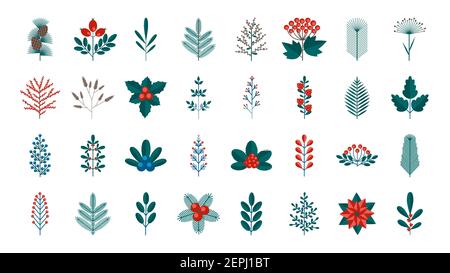 Eine große Kollektion von Merry Christmas floralen Design-Elementen in einem flachen Retro-Stil. Blume, Beere und Blatt in grünen, roten, blauen Farben. Geeignet für Crea Stock Vektor