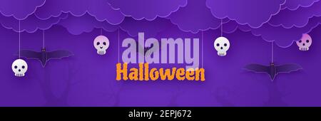 Happy Halloween, Wolken mit Vollmond Nacht Szene, Grußkarte Papier Schnitt Stil, Einladung Poster Vektor lila Hintergrund Illustration Stock Vektor