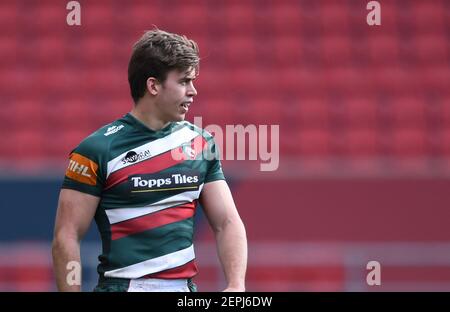 Ashton Gate Stadium, Bristol, Großbritannien. Februar 2021, 27th. Premiership Rugby Union, Bristol Bears gegen Leicester Tigers; Guy Porter von Leicester Tigers während des Spiels Kredit: Action Plus Sport/Alamy Live Nachrichten Stockfoto