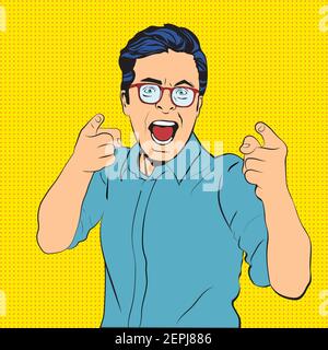 Kaukasischer junger Mann zeigt auf Sie zu wählen. Das ist eure Chance. Pop-Art-Cartoon. Stock Vektor