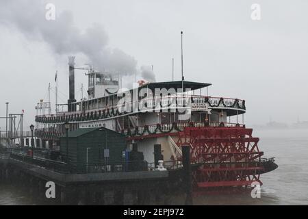 Das historische Dampfschiff Natchez im Nebel auf dem Mississippi River in New Orleans, Louisiana, ist eine beliebte Touristenattraktion. Stockfoto