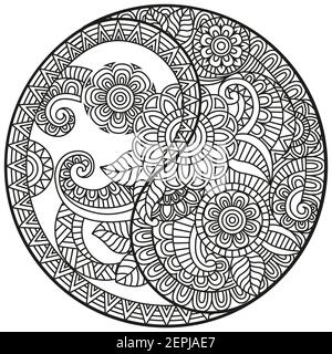 Vektor Yin-Yang Symbol. Malbuch für Erwachsene im orientalischen Stil mit Blumen und ethnischen floralen Ornamenten. Kreisförmiges Mandala-Muster für Henna, Mehndi Stock Vektor