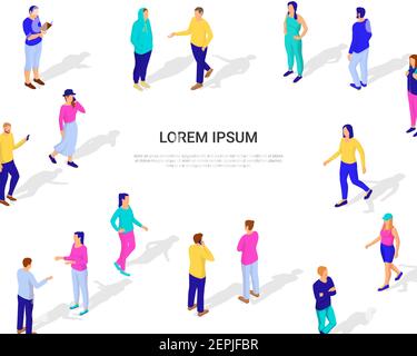 Menschen gehen und miteinander chatten isometrische Banner. Männliche und weibliche Charaktere in rosa grünen Kleidern mit blauen Hosen diskutieren Nachrichten. Stock Vektor