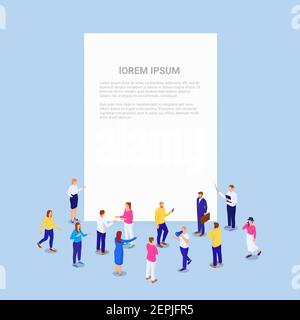 Crowd People Business Präsentation isometrisches Banner. Gruppenfiguren diskutieren nächste große weiße Blatt Nachrichten. Stock Vektor