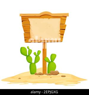 Wild West Schild mit Pergament, Kaktus und Sand der Wüste isoliert auf weißem Hintergrund Stock Vektor Illustration, ui-Spiel Vermögenswerte. Werbetafel Wester Stock Vektor