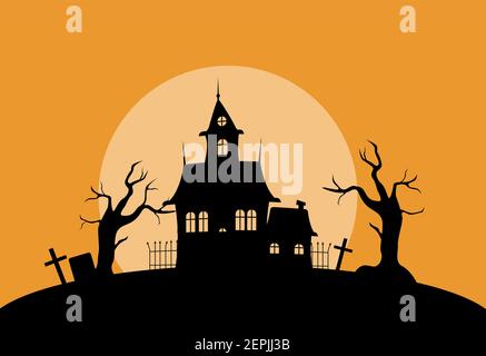 Mystisches Haus in Friedhof Silhouette Illustration. Gruseliger alter Palast mit trockenen Bäumen und Grabsteinen gegen untergehende Sonne. Stock Vektor