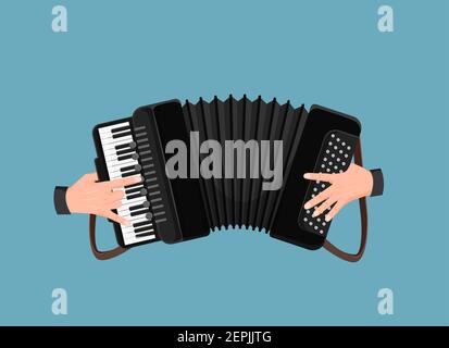 Hände spielen Akkordeon. Traditionelles schwarzes Keyboard-Instrument für Retro-Jazz und schöne Melodie. Stock Vektor