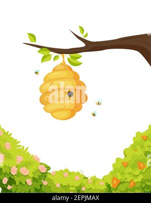 Bienenstock auf Zweig mit wirbelnden Bienen Illustration. Gelber Kokon bedeckt mit süßem Honig, umgeben von blühenden Bäumen. Stock Vektor