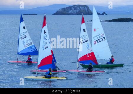 Laser und Topper Segelboote, Segeln in West Bay, North Berwick Stockfoto