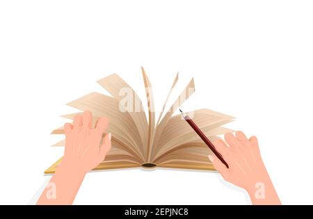 Hände mit Bleistift Blatt durch Notizbuch. Buch persönliche Notizen mit Drehblättern und braunem Bleistift für Notizen, die interessante Fakten schreiben. Stock Vektor