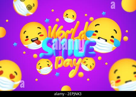 Welt Lächeln Tag. Fröhliche gelbe Gesichter in Masken machen niedlichen Grimassen universelle Feier Lachen. Stock Vektor
