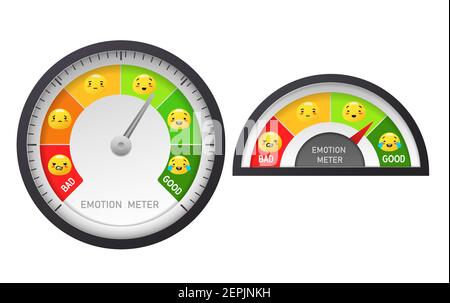 Skala ist Meter Stimmung und Emotionen. Tachometer von rot schreckliche Stimmung und orange traurig bis grün glücklich. Stock Vektor