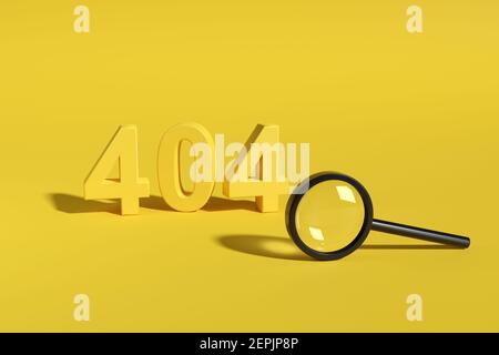 Fehler 404. Nummer 404 in drei Dimensionen neben einer Sicherheitslupe auf gelbem Hintergrund. 3D Abbildung. Stockfoto