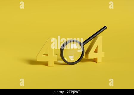 Fehler 404. Nummer 404 in drei Dimensionen neben einer Sicherheitslupe auf gelbem Hintergrund. 3D Abbildung. Stockfoto