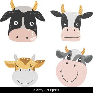 Isoliertes Gesicht von Kühen auf weißem Hintergrund, Vektor Stock Vektor