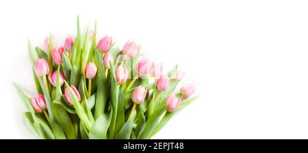 Schönes Bouquet von rosa Tulpen auf weißem Hintergrund Stockfoto